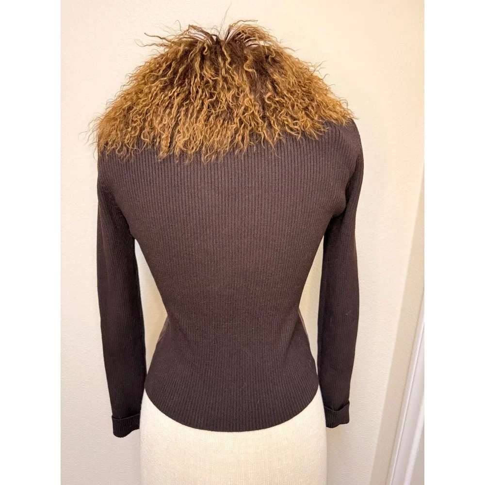 VTG Y2K Genuine Suede Leather Jacket Mongolian Lamb Fur Collar Rib Knit Brown M